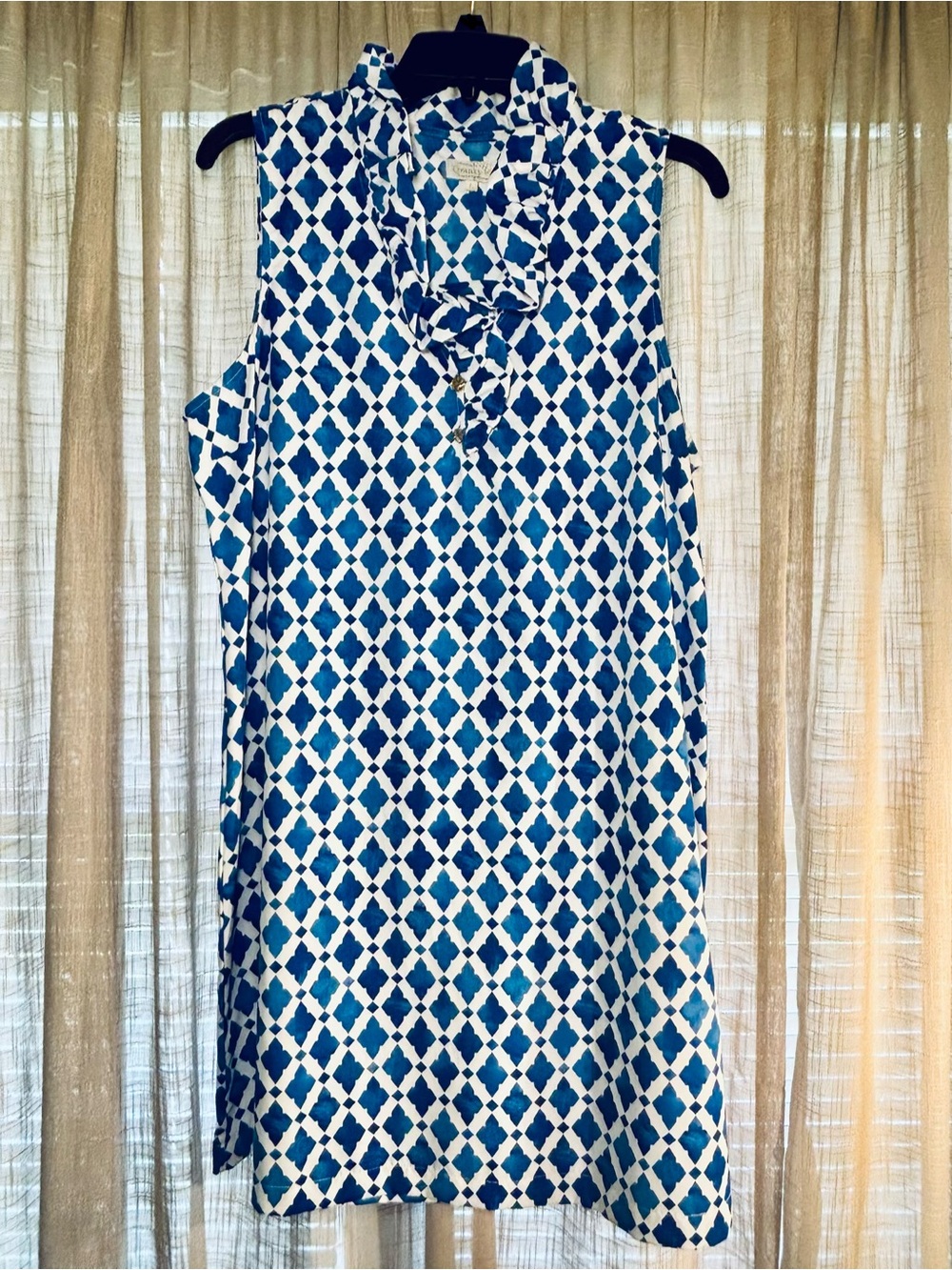 Mud Pie Sleeveless Ruffle Front Dress - Blue & White Print w/Gold Button Detail